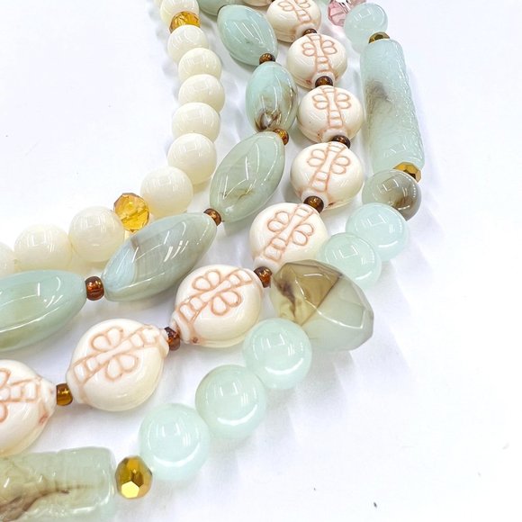 NWOT - Multi Strand Cream & Green Faux Jade 14” Choker Gold Tone Necklace - Picture 4 of 6